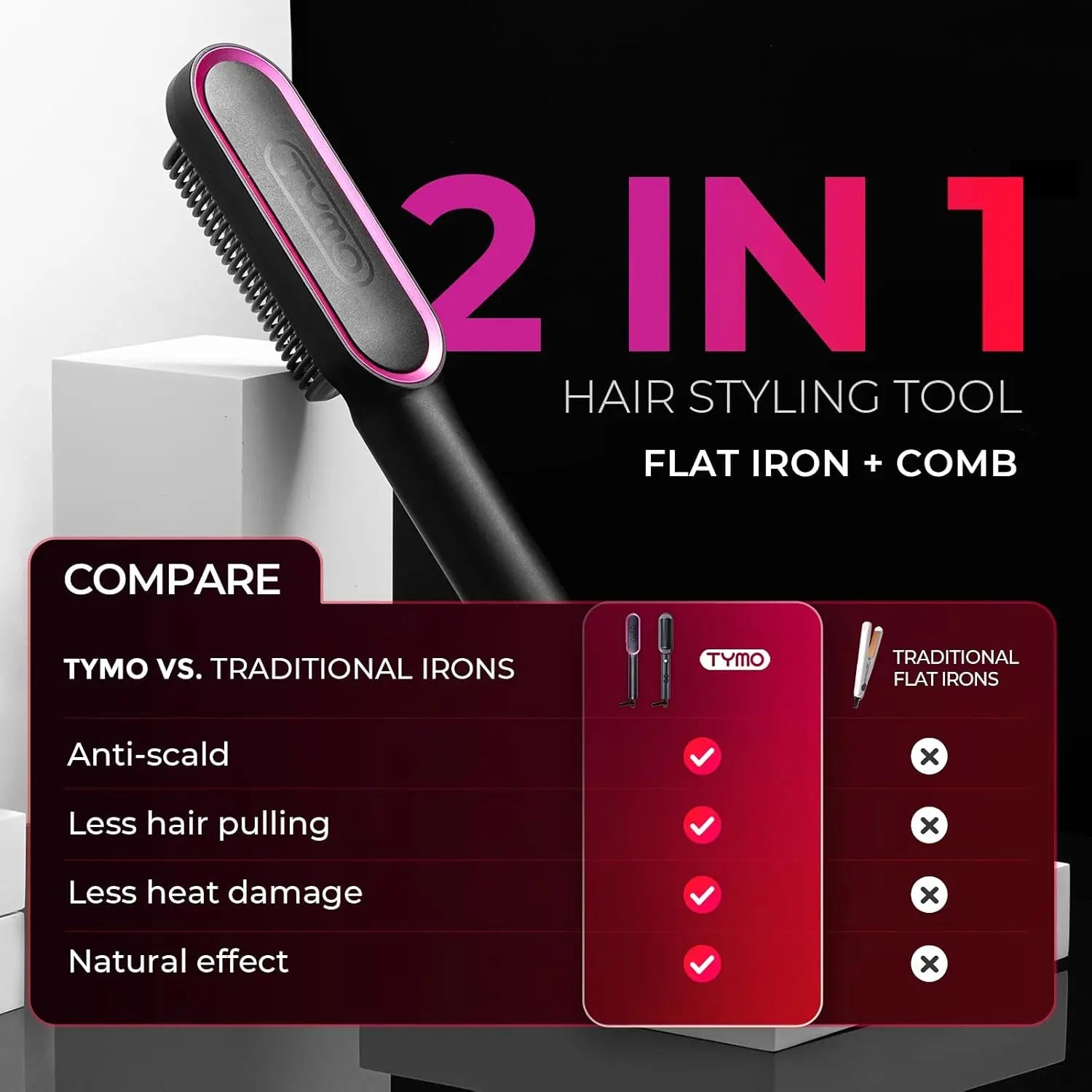 Hair Straightener Brush UK, Flat Iron and Hair Brush 2-In-1, Anti-Scald, Fast Heating, 5 Temp Settings (130℃-210℃), Professional Salon at Home, Wider Comb for Even Straightening, Black
