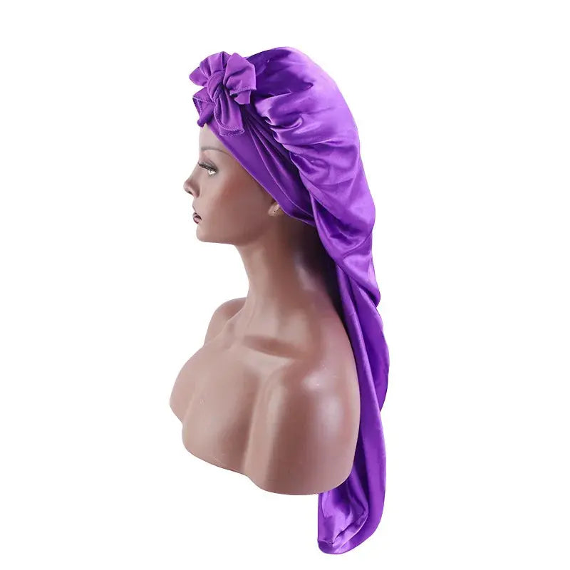 Custom Logo Large Long Satin Bonnet with Stretchy Tie Band Sleep Cap for Braids Silk Hair Bonnet