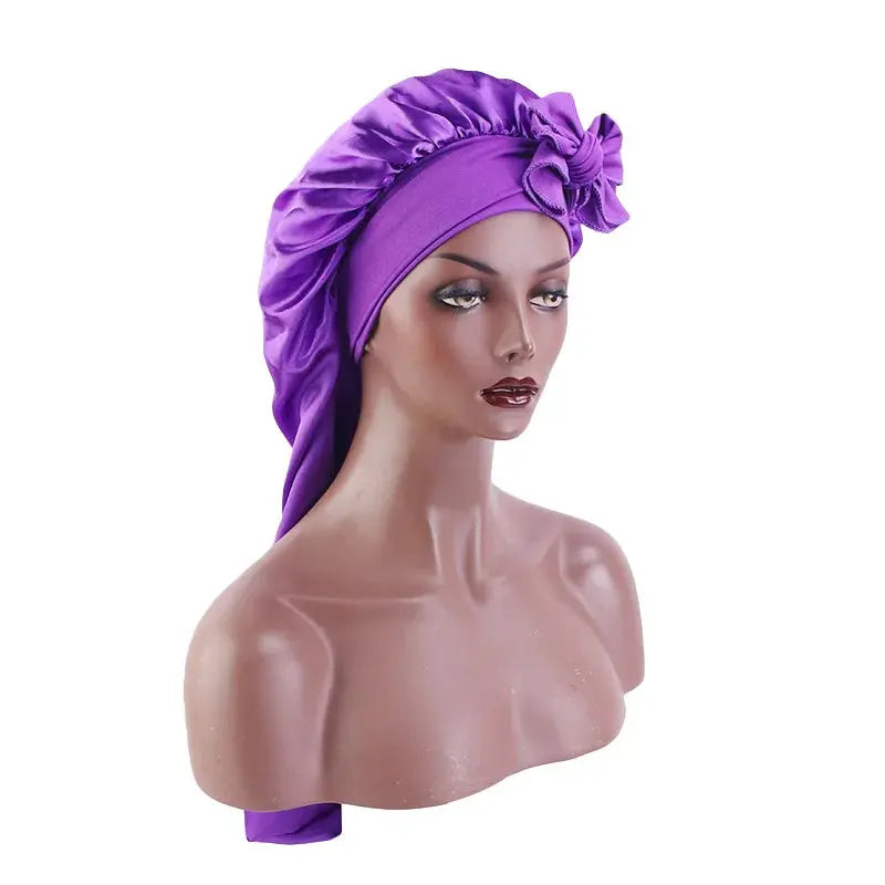 Custom Logo Large Long Satin Bonnet with Stretchy Tie Band Sleep Cap for Braids Silk Hair Bonnet