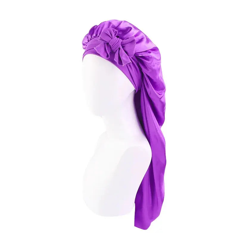Custom Logo Large Long Satin Bonnet with Stretchy Tie Band Sleep Cap for Braids Silk Hair Bonnet