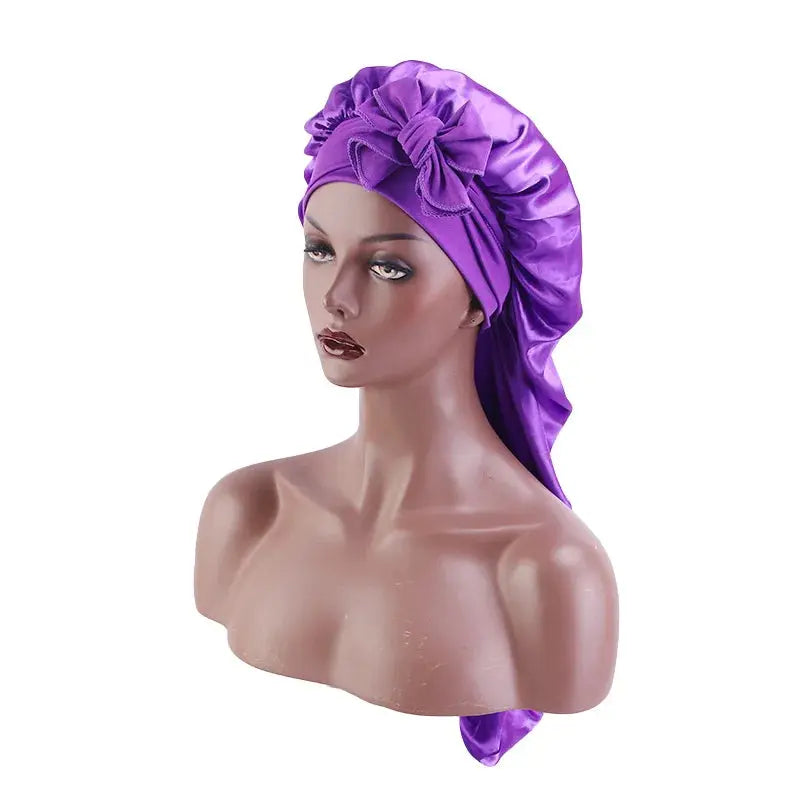 Custom Logo Large Long Satin Bonnet with Stretchy Tie Band Sleep Cap for Braids Silk Hair Bonnet